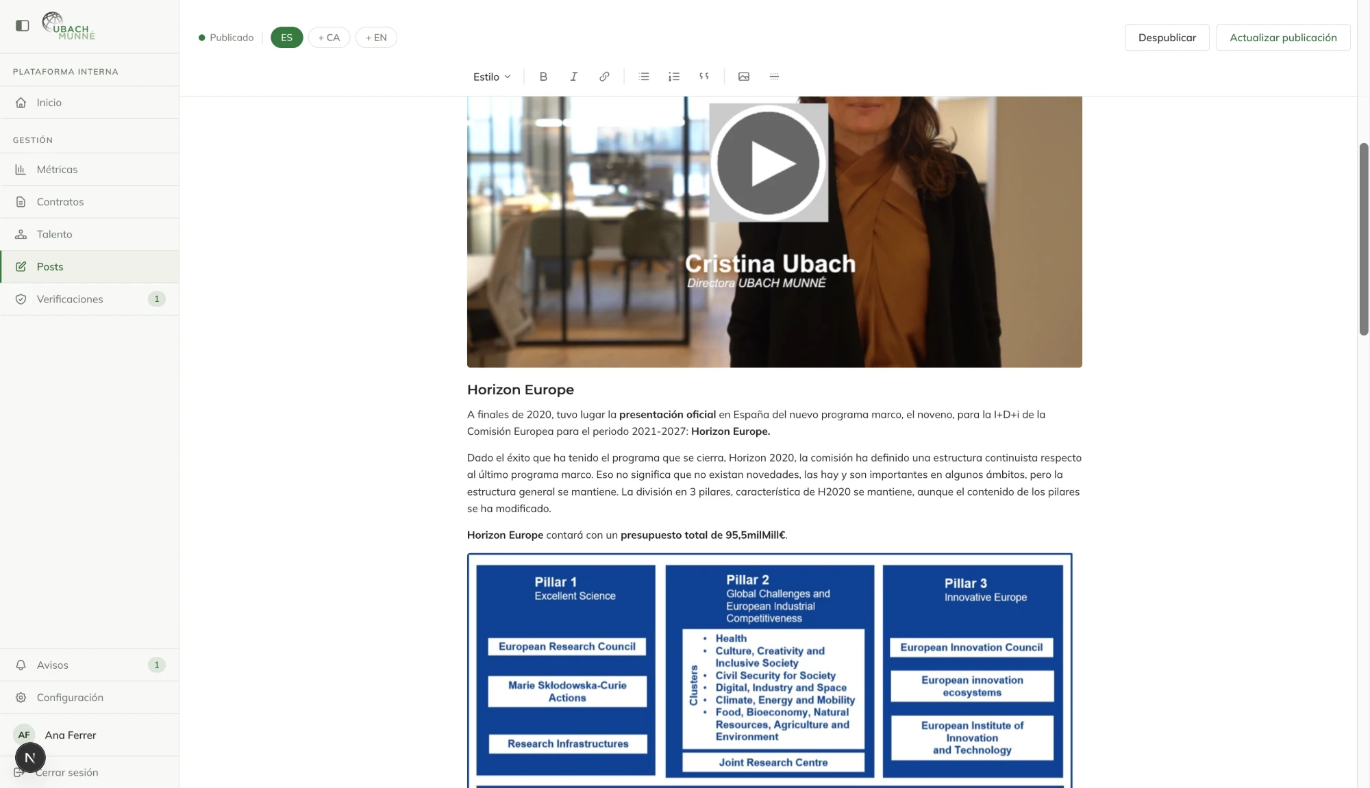 Blog editor of the internal platform with language tabs, a formatting toolbar and a published post