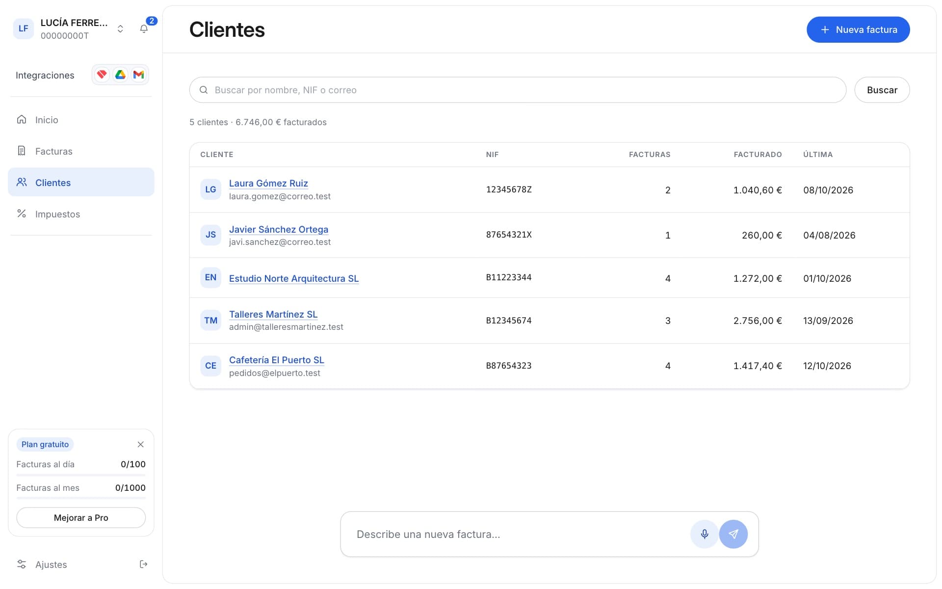 Client list with tax ID, number of invoices and amount billed