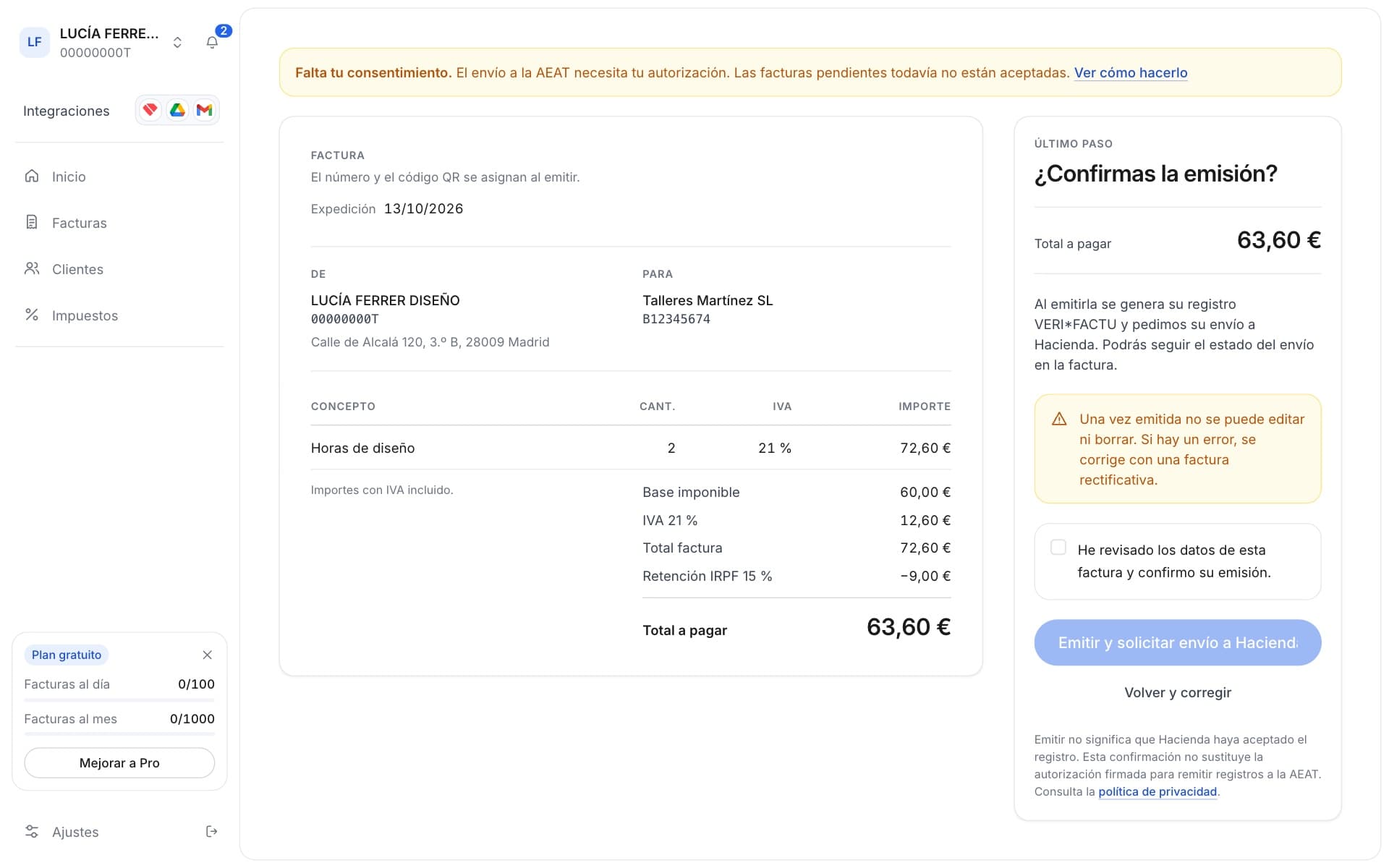 Issue confirmation: the invoice as a document and the last step with the review checkbox