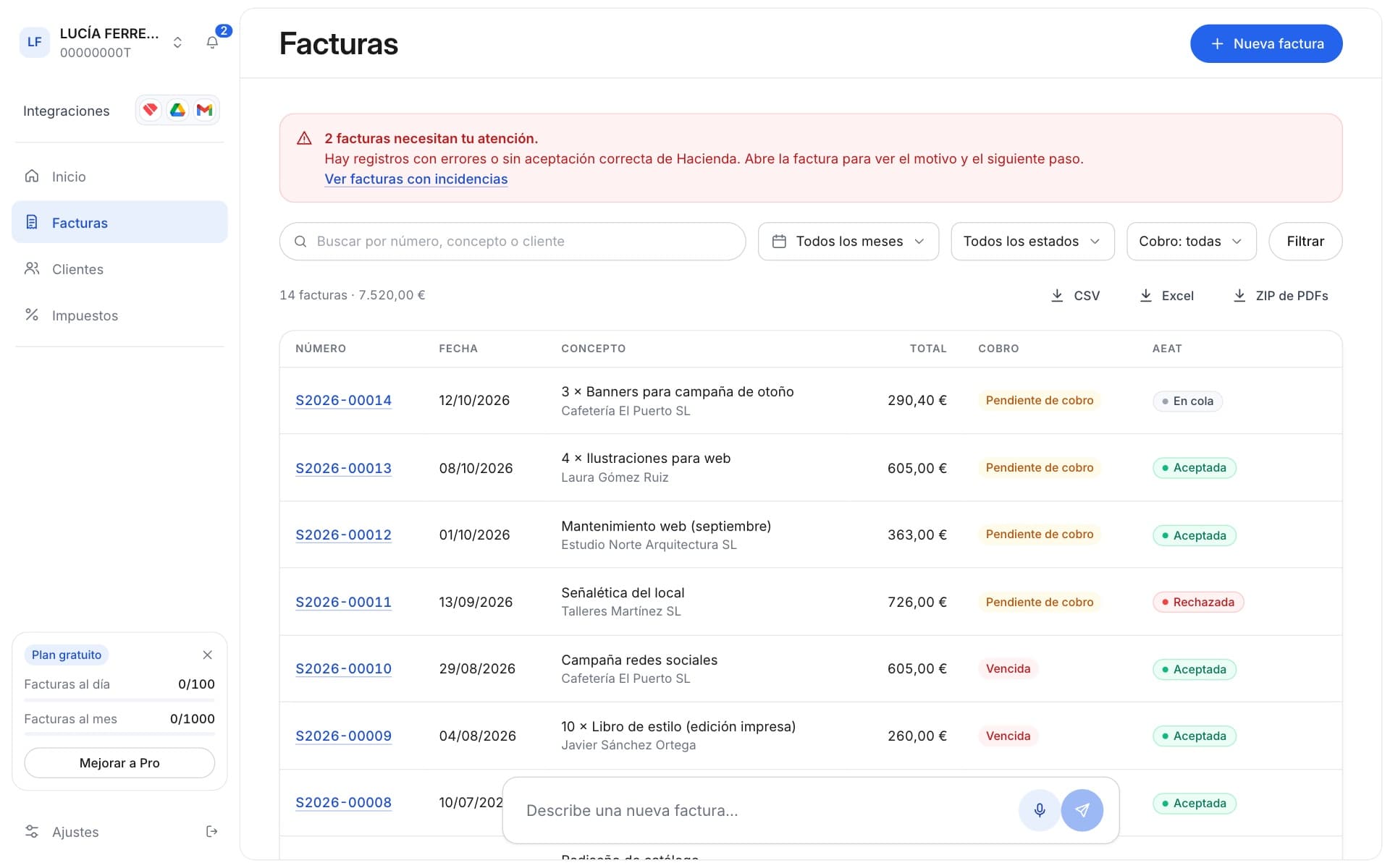 Invoice list with each invoice's payment status and AEAT status