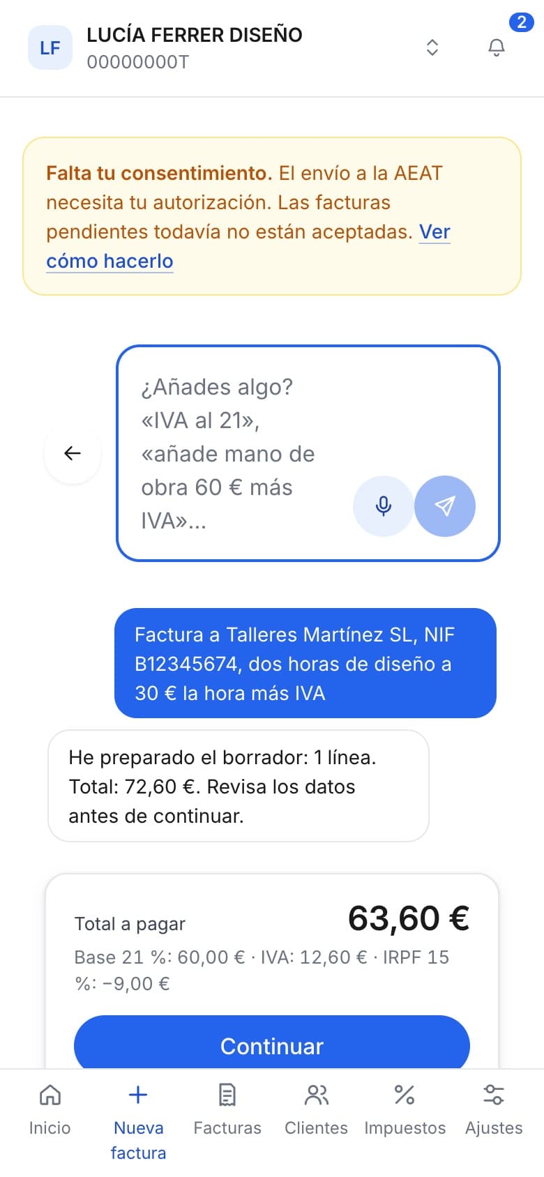 New invoice on a phone with the chat and the amount due