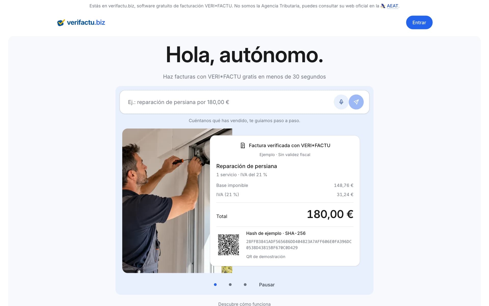 verifactu.biz home page: "Hola, autónomo." with a text box and a sample verified invoice
