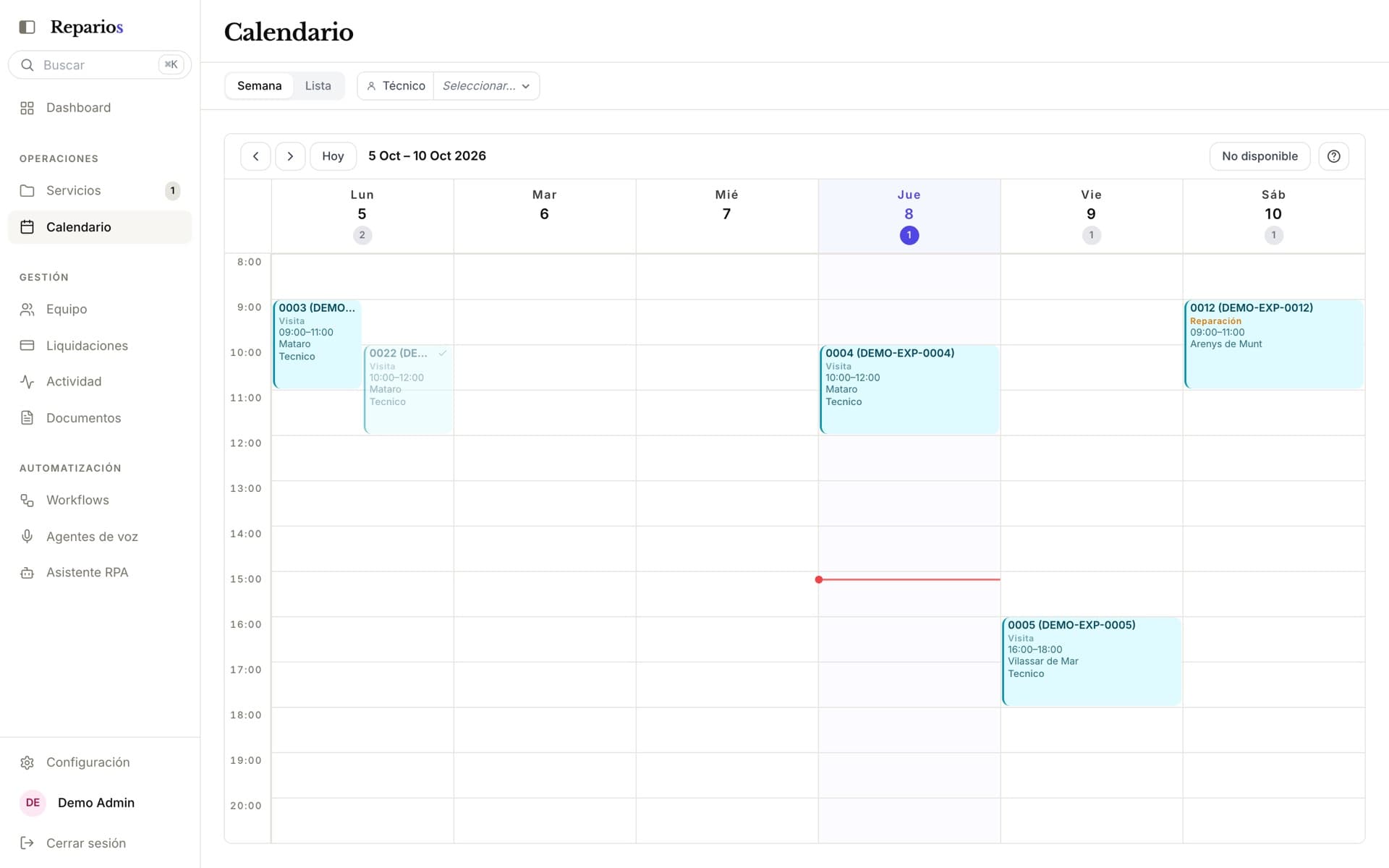 Weekly calendar with diagnosis and repair visits