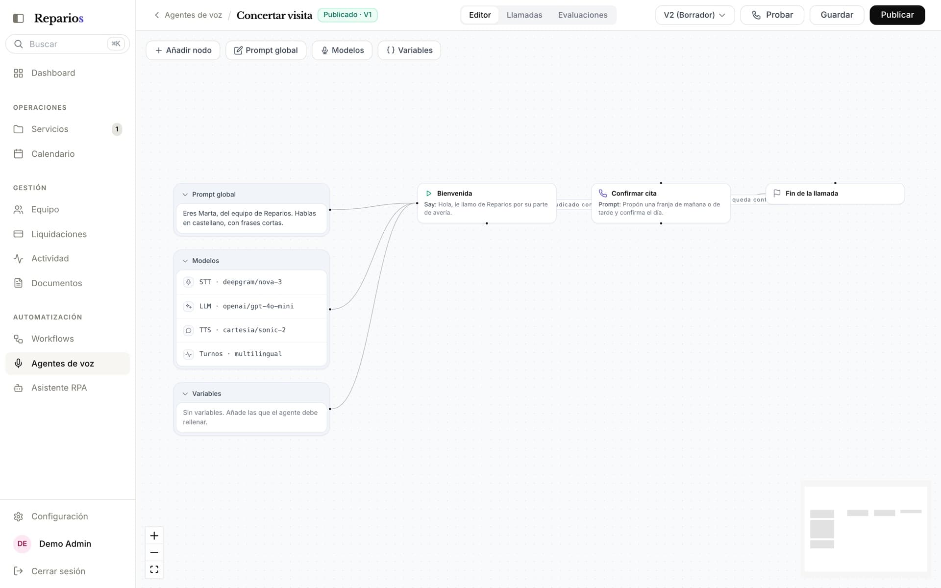 Voice agent editor with the call steps and models