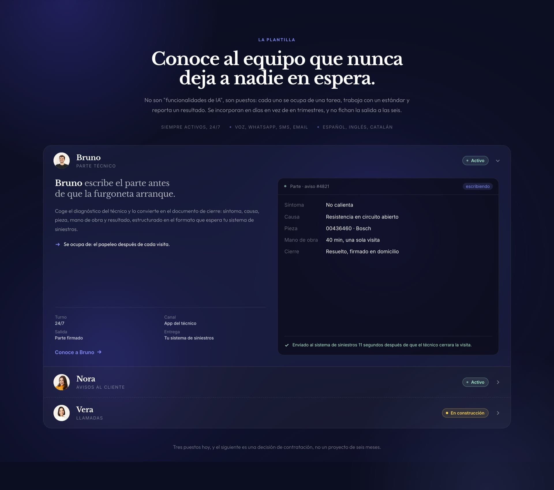 Website section with the three agents: Bruno, Nora and Vera